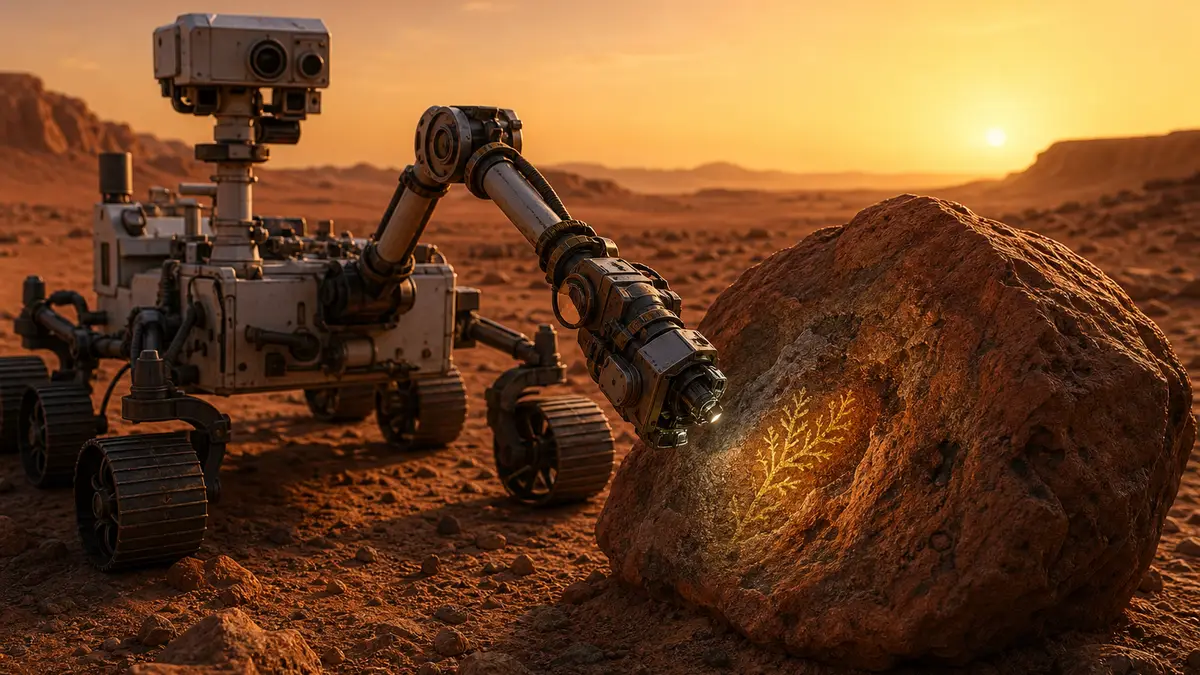 Perseverance examinant une trace de vie fossile sur Mars