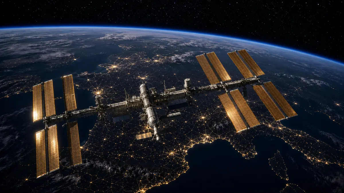 La Station Spatiale Internationale survolant la France de nuit