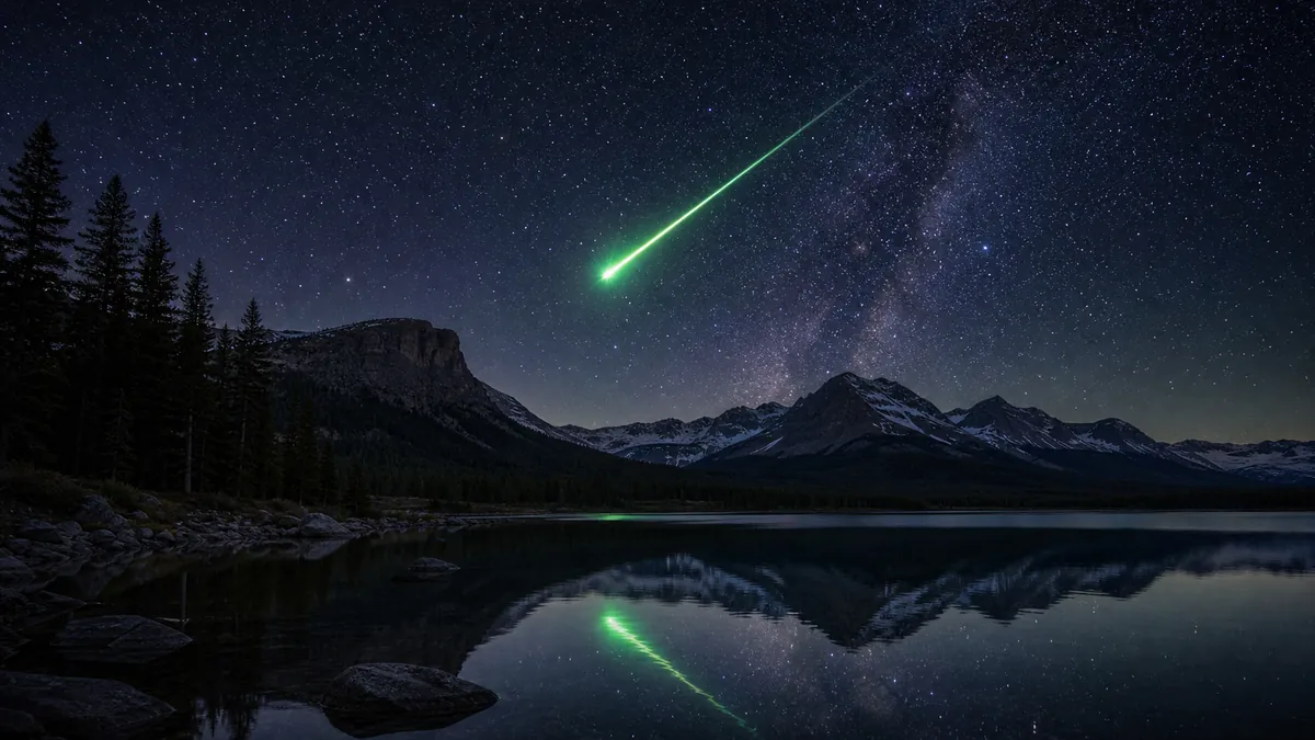 Un météore brillant à traînée verte au-dessus d un lac de montagne