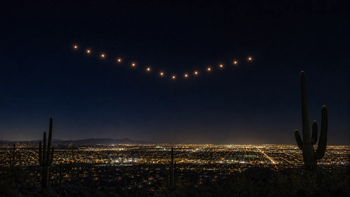 Les lumières de Phoenix en formation V au-dessus de la ville, 13 mars 1997