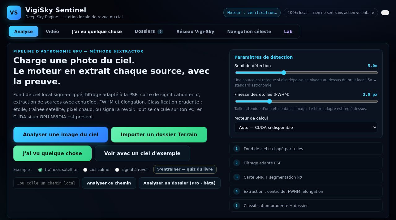 Écran Analyse de VigiSky Sentinel : boutons pour charger une image, réglages du seuil de détection et étapes du moteur